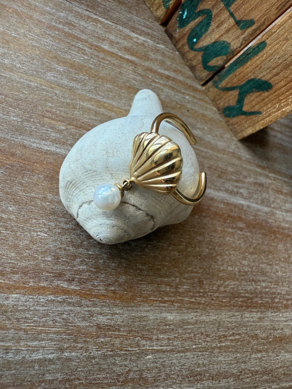 Gold Seashell Pearl Drop Ring - 316 Stainless Steel - Picture 8 of 12